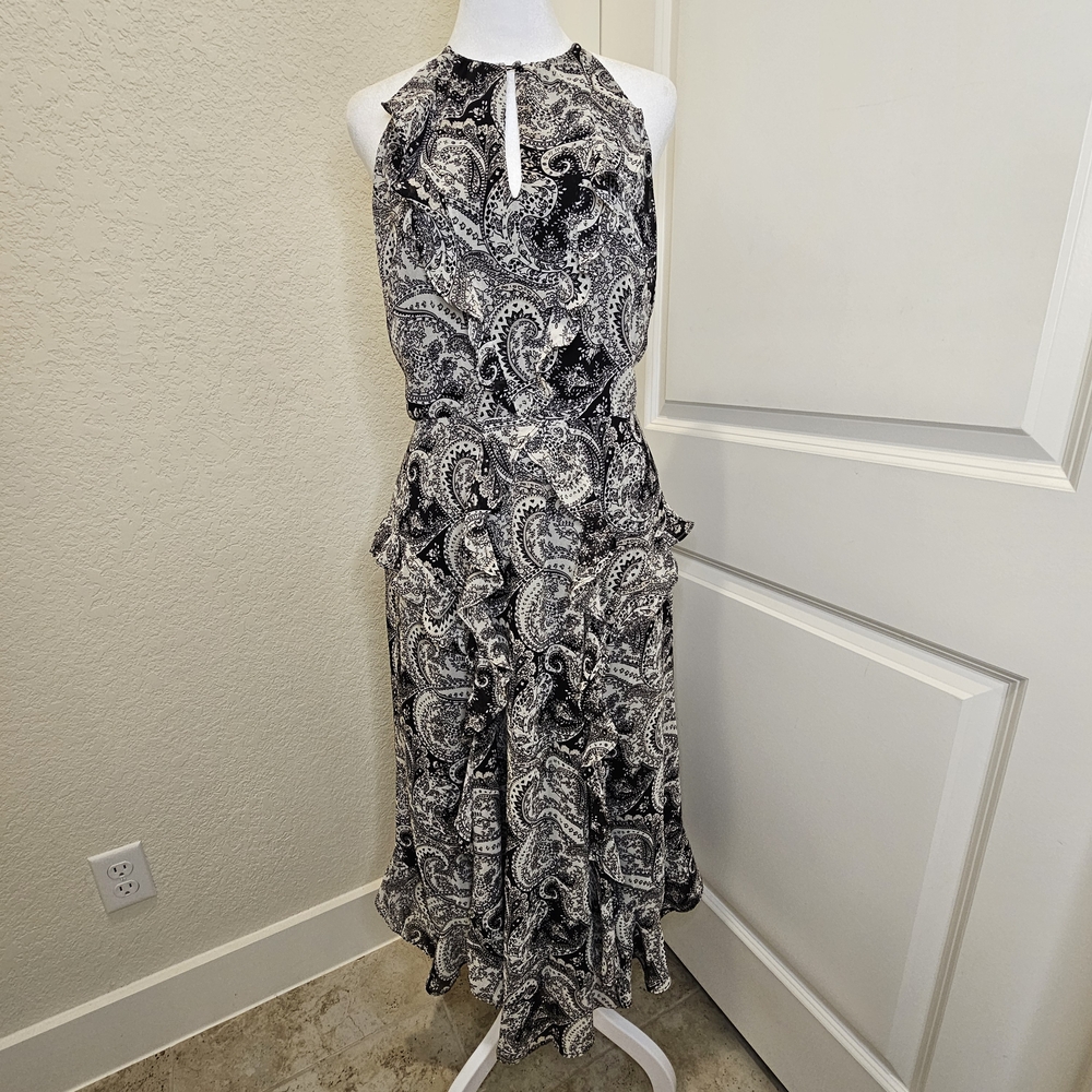 White House Black Market Black and White Paisley Ruffle Halter Midi/Maxi Dress